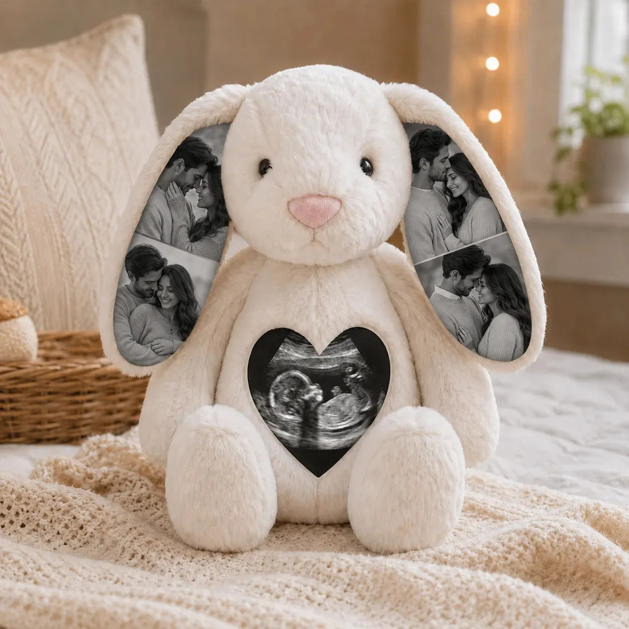 Custom Ears & Belly Photo Bunny Plush Gifts For Couples Anniversary, Custom Bunny Stuffed Animal, Memory Keepsake Custom Gift