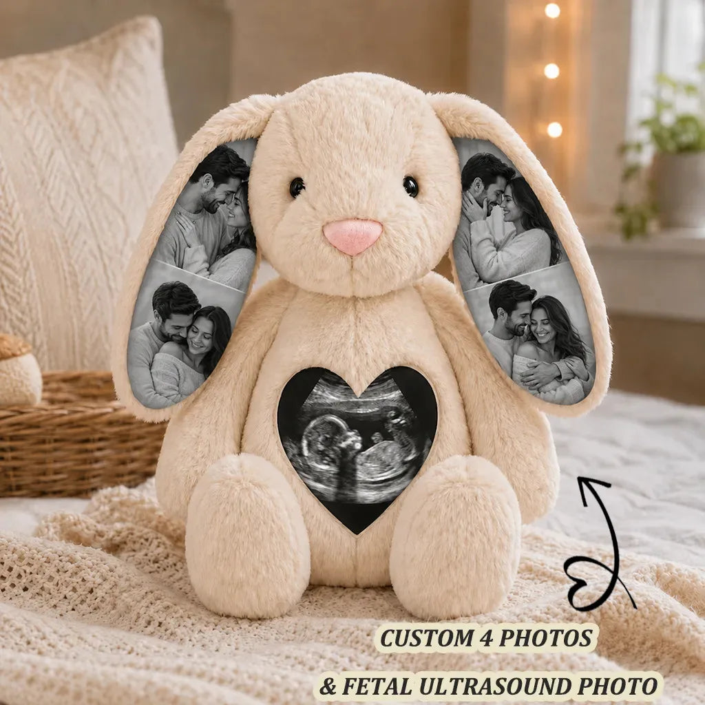 Custom Ears & Belly Photo Bunny Plush Gifts For Couples Anniversary, Custom Bunny Stuffed Animal, Memory Keepsake Custom Gift