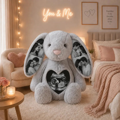 Custom Ears & Belly Photo Bunny Plush Gifts For Couples Anniversary, Custom Bunny Stuffed Animal, Memory Keepsake Custom Gift